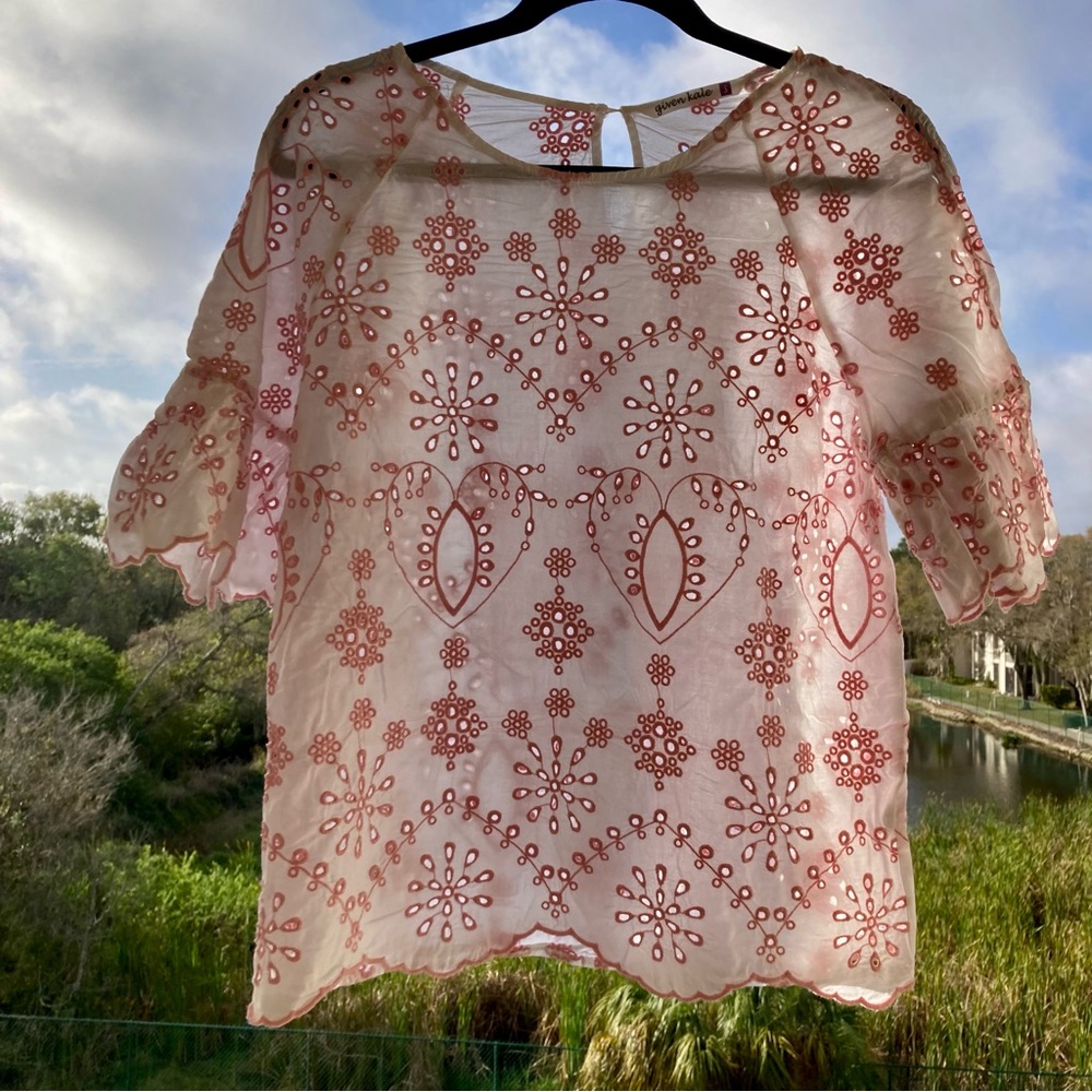 given kale top white/pinc floral blouse Summer Beach Vacation Vintage Cotton S